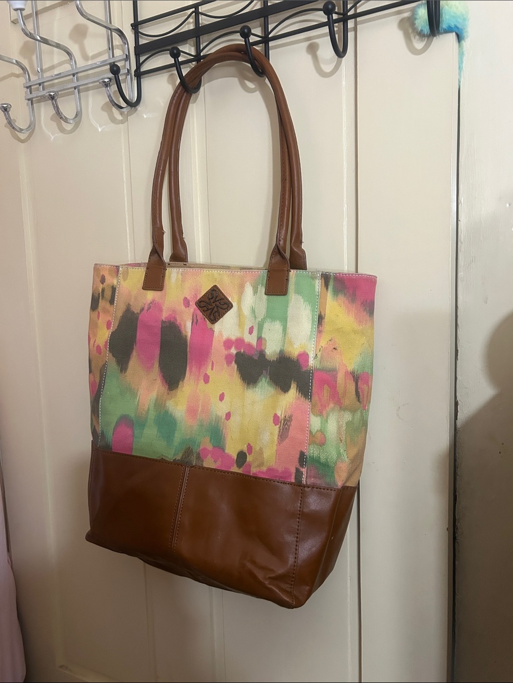 Vera Bradley Multicolor Watercolor Print Tote with Brown Leather Trim
